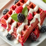 Red Velvet Waffles with Cream Cheese Drizzle First Image First Image